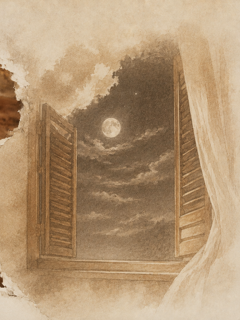 Right half of a continuous sepia open-shutter moonlit window spread