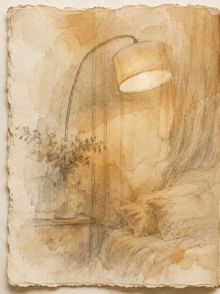 Left half of a continuous lamp-lit bedroom sketch and portrait spread