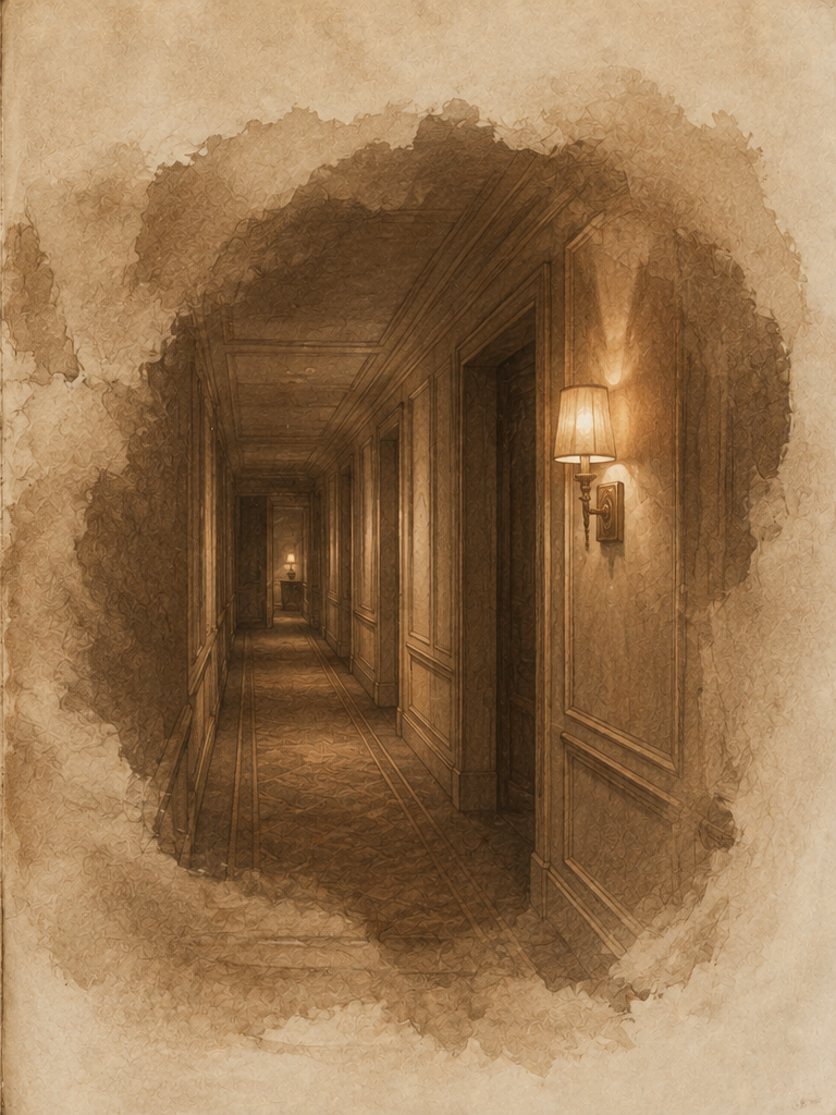 Right half of a continuous sepia hotel corridor drawing spread