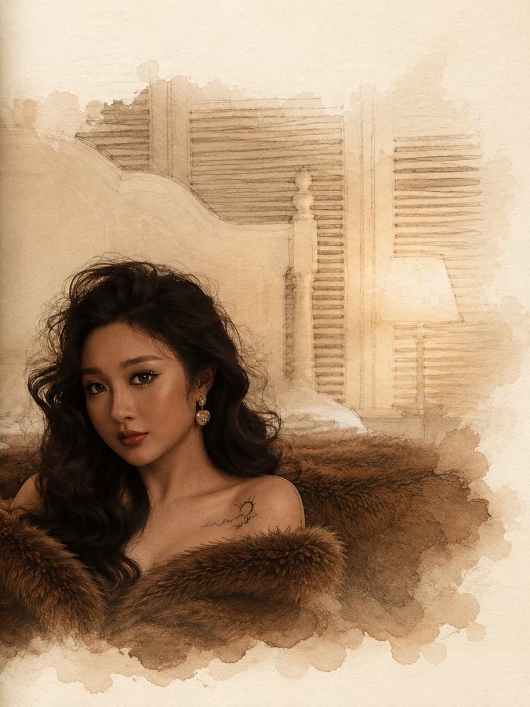 Right half of a continuous central portrait and bedroom drawing composition